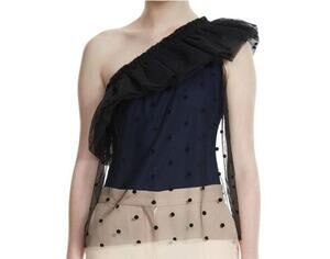Maje Bodysuit Women's Size Small One Shoulder Ruffle Mesh Polka Dot New